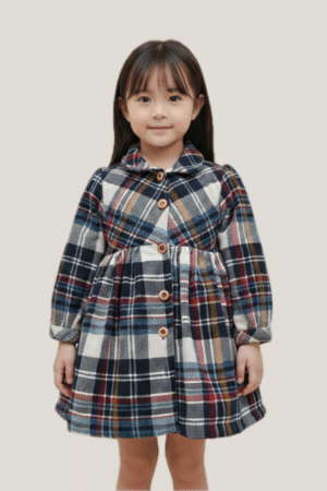 Girls Navy Plaid Long Sleeve Cotton Dress