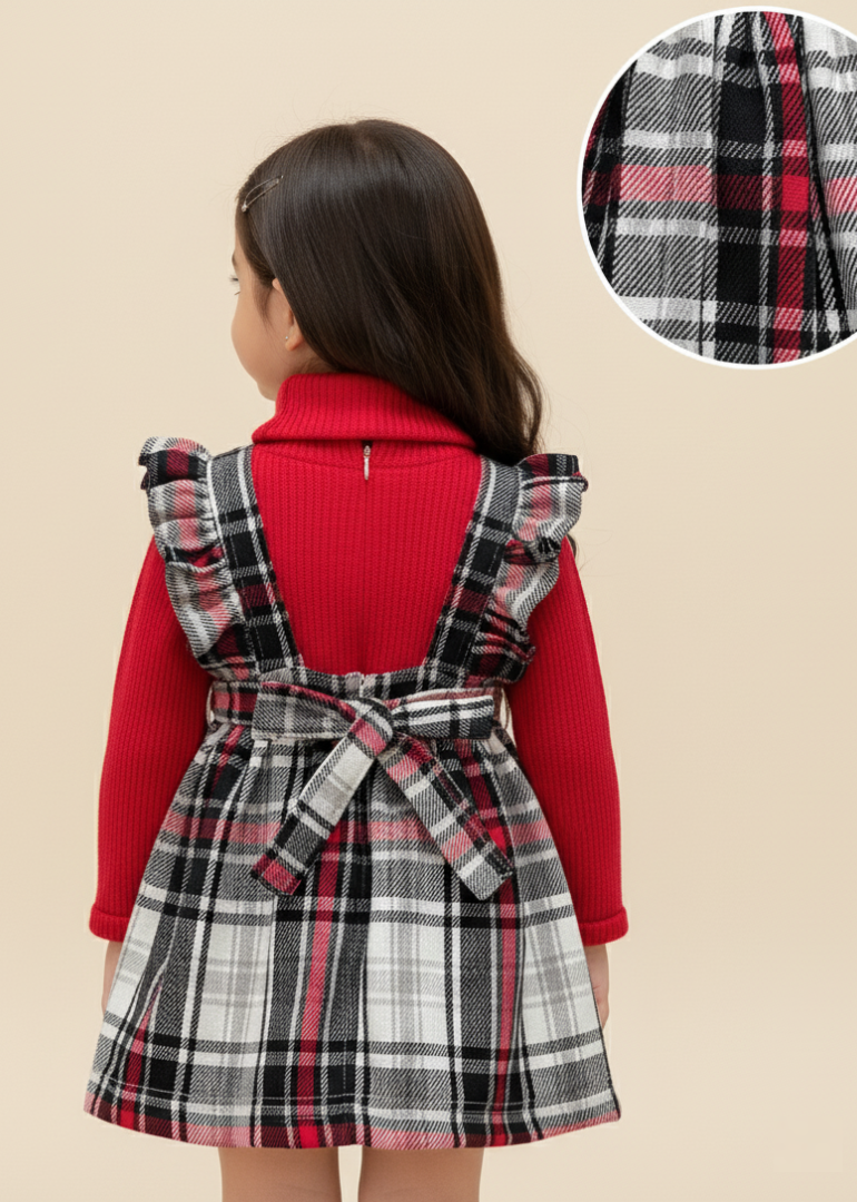 Red Knit & Plaid Ruffle Dress for Toddlers - Image 2