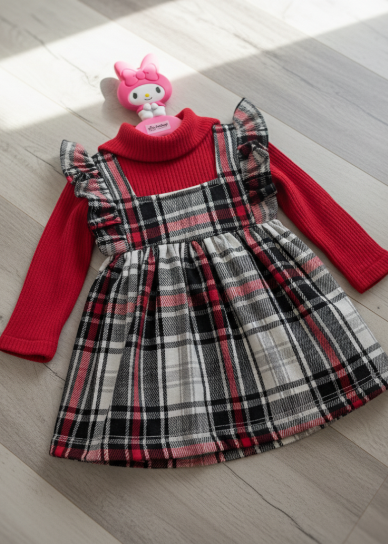 Red Knit & Plaid Ruffle Dress for Toddlers - Image 3