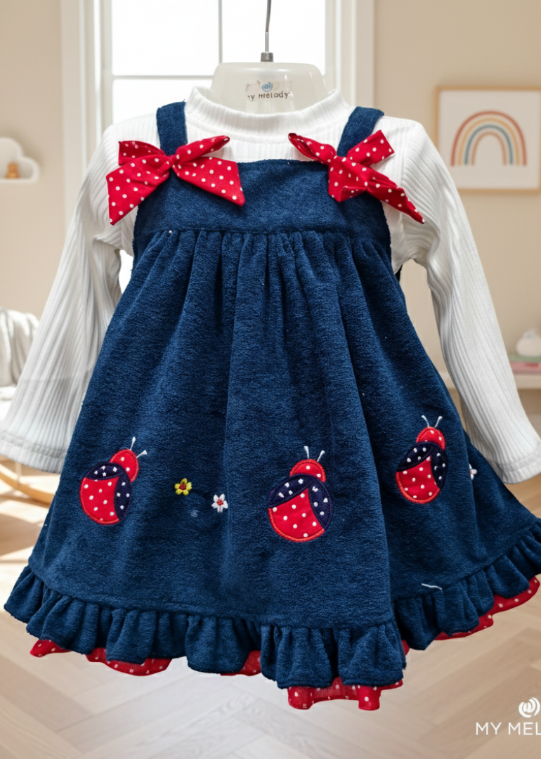 Navy Ladybug Embroidered Pinafore Dress - Image 3