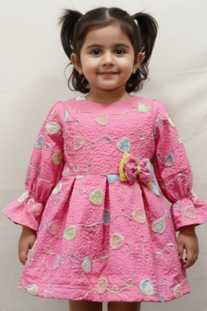 Pink Textured Jacquard Dress with Sequin Balloon Embroidery