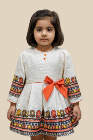 Traditional Embroidered Cotton Dress with Bow Sash