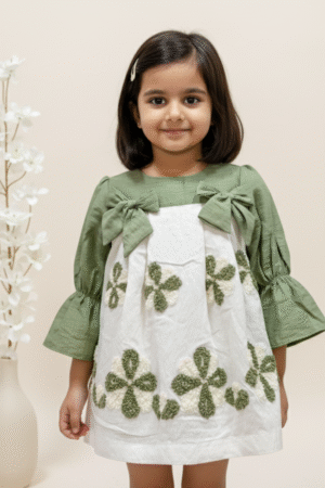 Sage & Ivory Clover Embroidered Dress with Bell Sleeves