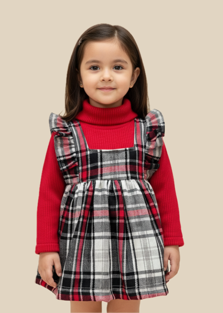 Red Knit & Plaid Ruffle Dress for Toddlers