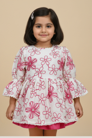 Pink Floral Embroidered Dress with Double-Layer Hem