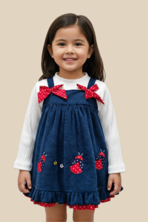 Navy Ladybug Embroidered Pinafore Dress