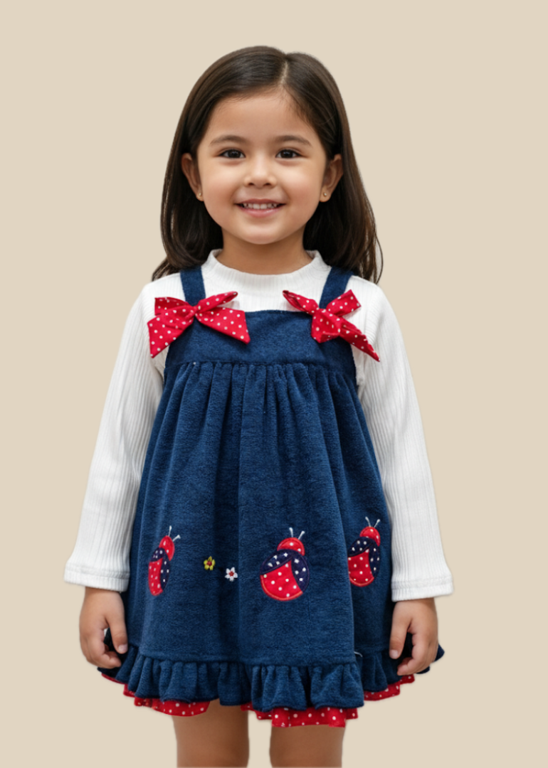 Navy Ladybug Embroidered Pinafore Dress