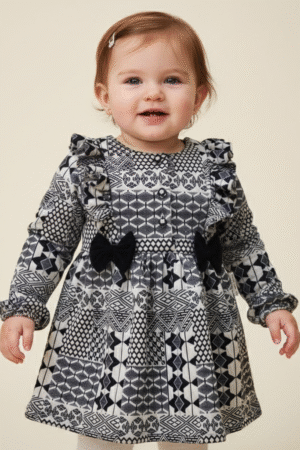 Geometric Print Dress with Ruffle Sleeves & Bow Details