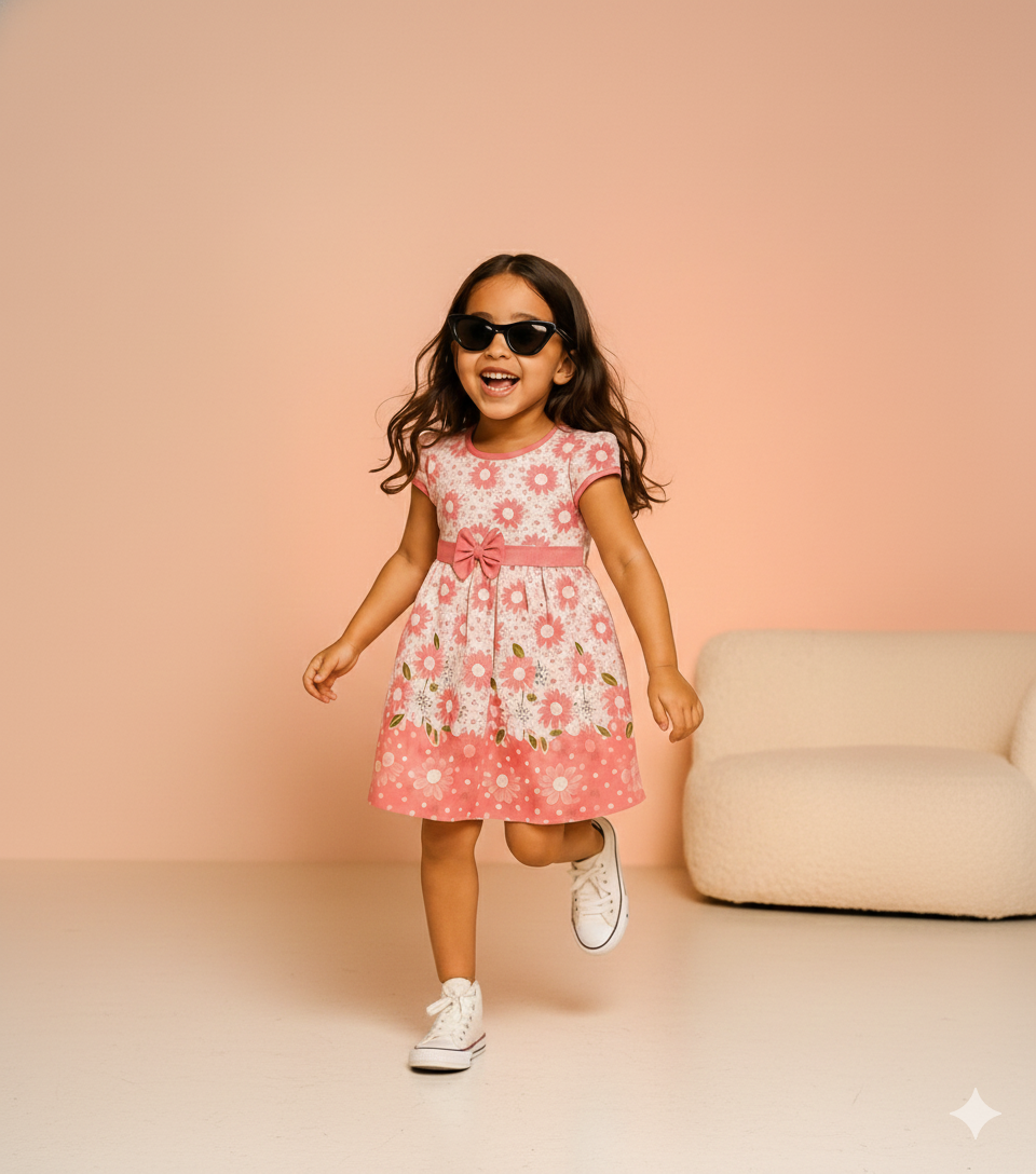 A young girl with long dark hair and sunglasses smiling and running while wearing a MyMelody pink and white short-sleeved frock featuring a floral daisy print and a pink bow at the waist.