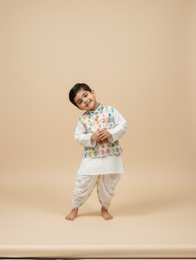 Smiling young boy modeling a MyMelody ethnic outfit, wearing a white long-sleeve kurta, dhoti-style pants, and a white Nehru jacket with colorful circular prints in a studio setting