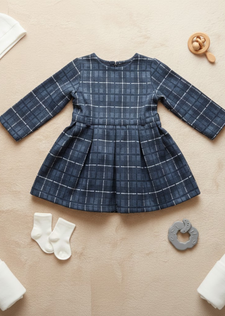 Navy Blue Crosshatch Plaid Dress with Ruffle Trim