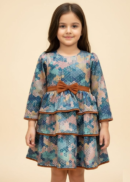 Tiered Watercolor Print Dress with Rust Trim