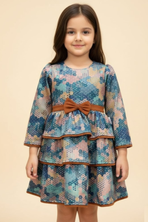 Tiered Watercolor Print Dress with Rust Trim