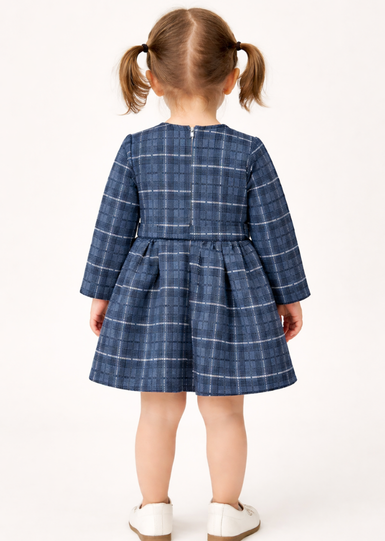 Navy Blue Crosshatch Plaid Dress with Ruffle Trim