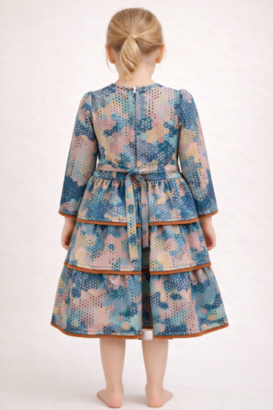 Tiered Watercolor Print Dress with Rust Trim