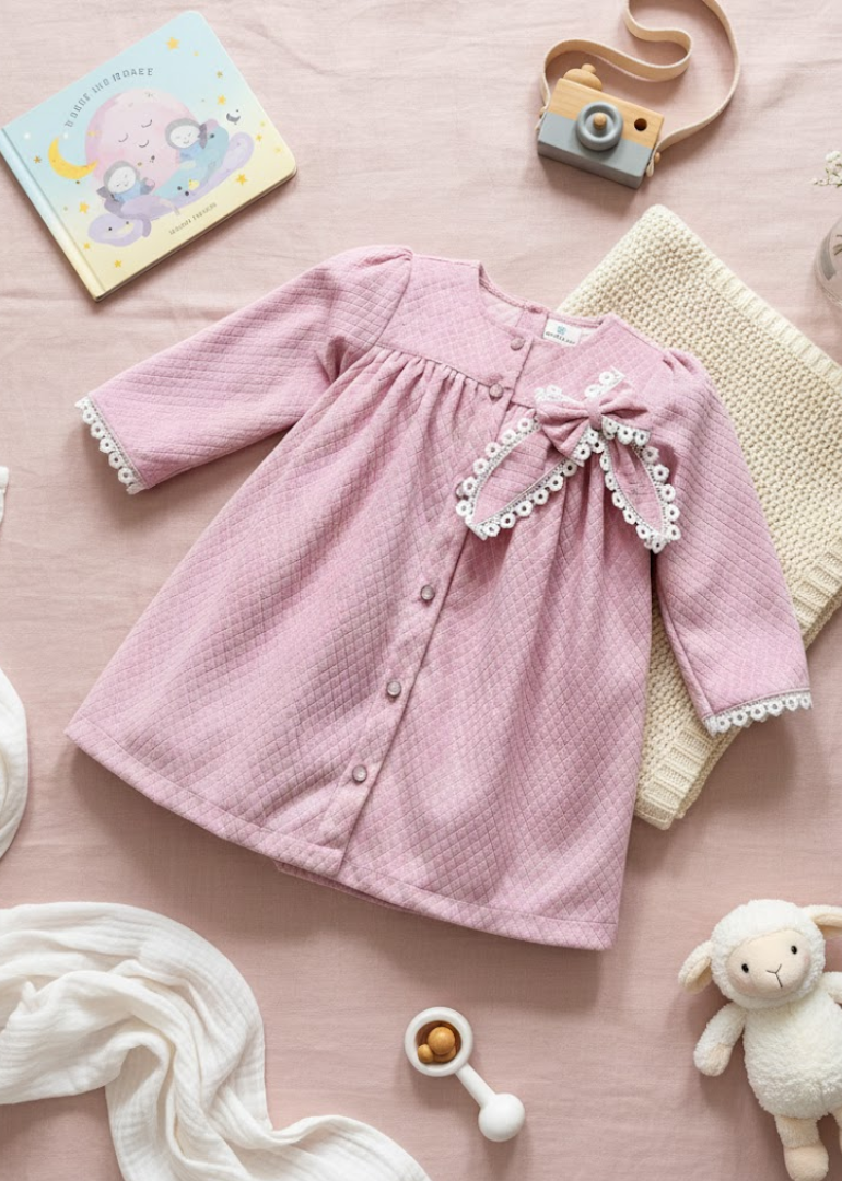 Pink Quilted Dress with Pearl Trim