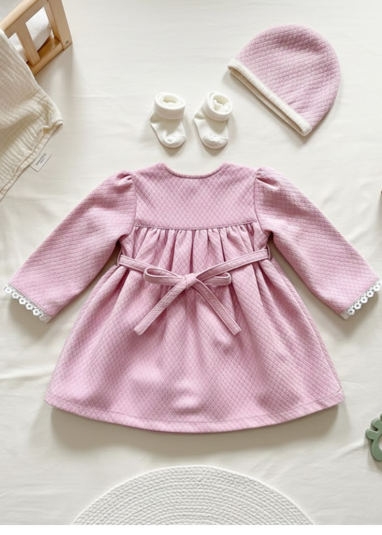 Pink Quilted Dress with Pearl Trim