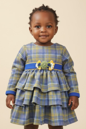 Blue and Yellow Plaid Dress with Triple Tier Skirt