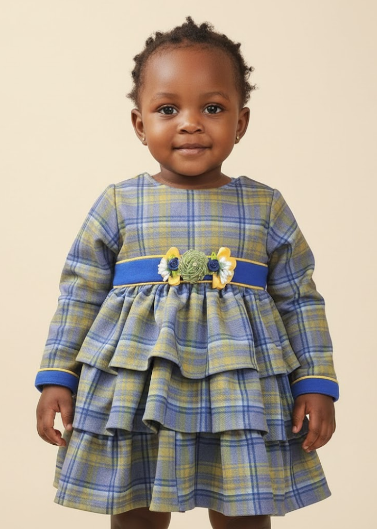 Blue and Yellow Plaid Dress with Triple Tier Skirt