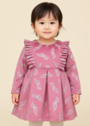 Dusty Rose Feather Print Dress with Pleated Ruffle