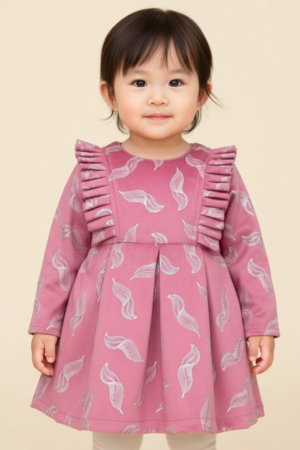 Dusty Rose Feather Print Dress with Pleated Ruffle