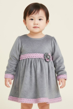 Gray Knit Dress with Pink Lace Trim