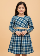 Blue Plaid Dress with Golden Trim