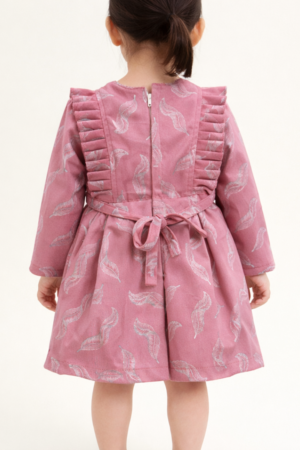 Dusty Rose Feather Print Dress with Pleated Ruffle