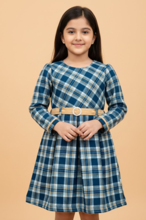 Blue Plaid Dress with Golden Trim