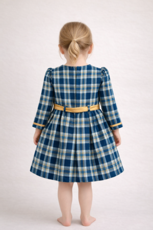 Blue Plaid Dress with Golden Trim