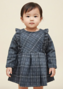 Navy Blue Crosshatch Plaid Dress with Ruffle Trim