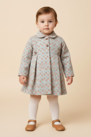 Peach Chevron Print Dress with Collar and Front Buttons