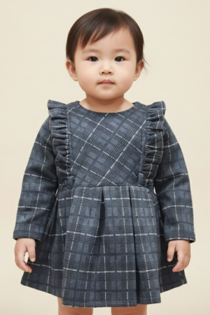 Navy Blue Crosshatch Plaid Dress with Ruffle Trim