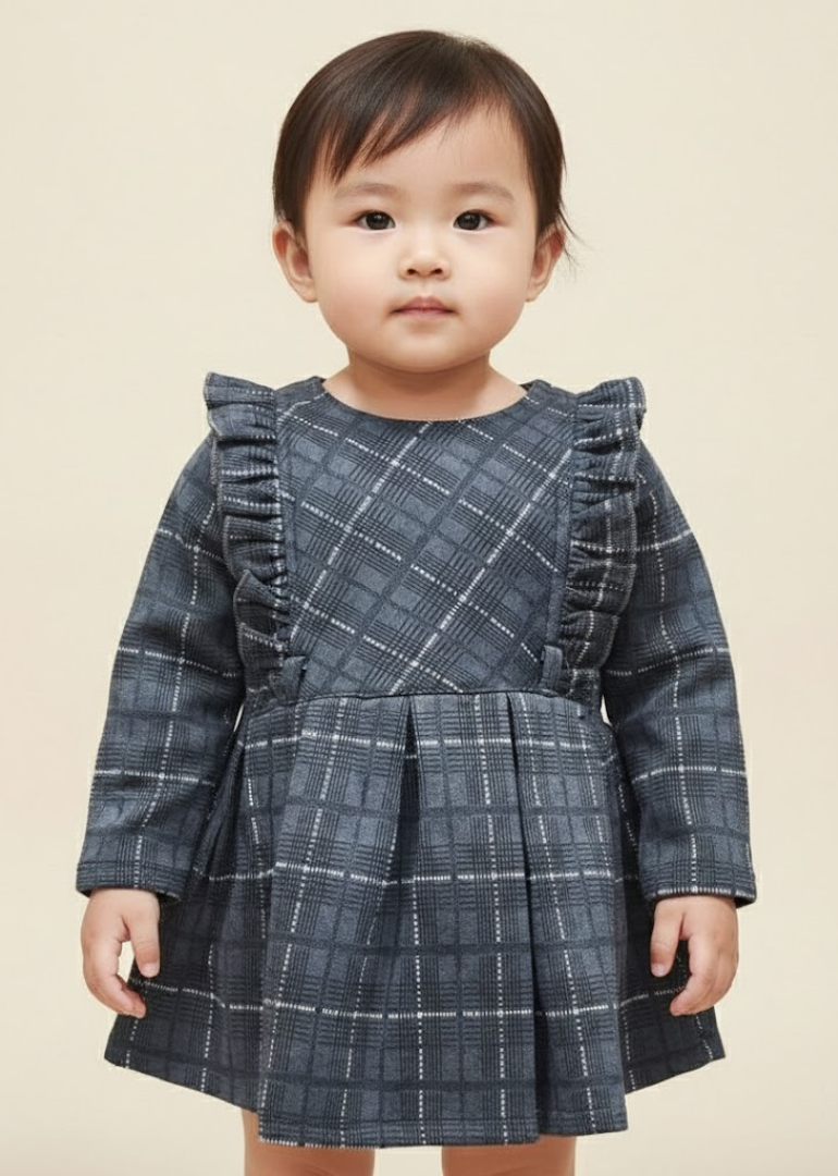 Navy Blue Crosshatch Plaid Dress with Ruffle Trim