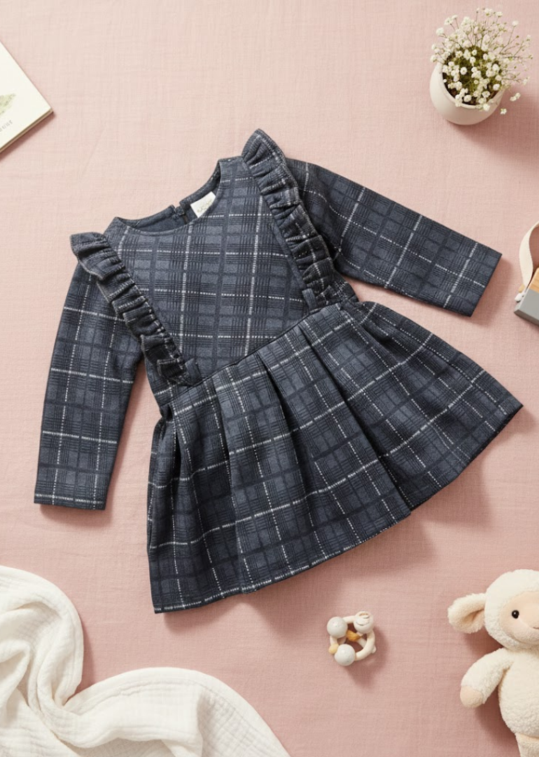 Navy Blue Crosshatch Plaid Dress with Ruffle Trim